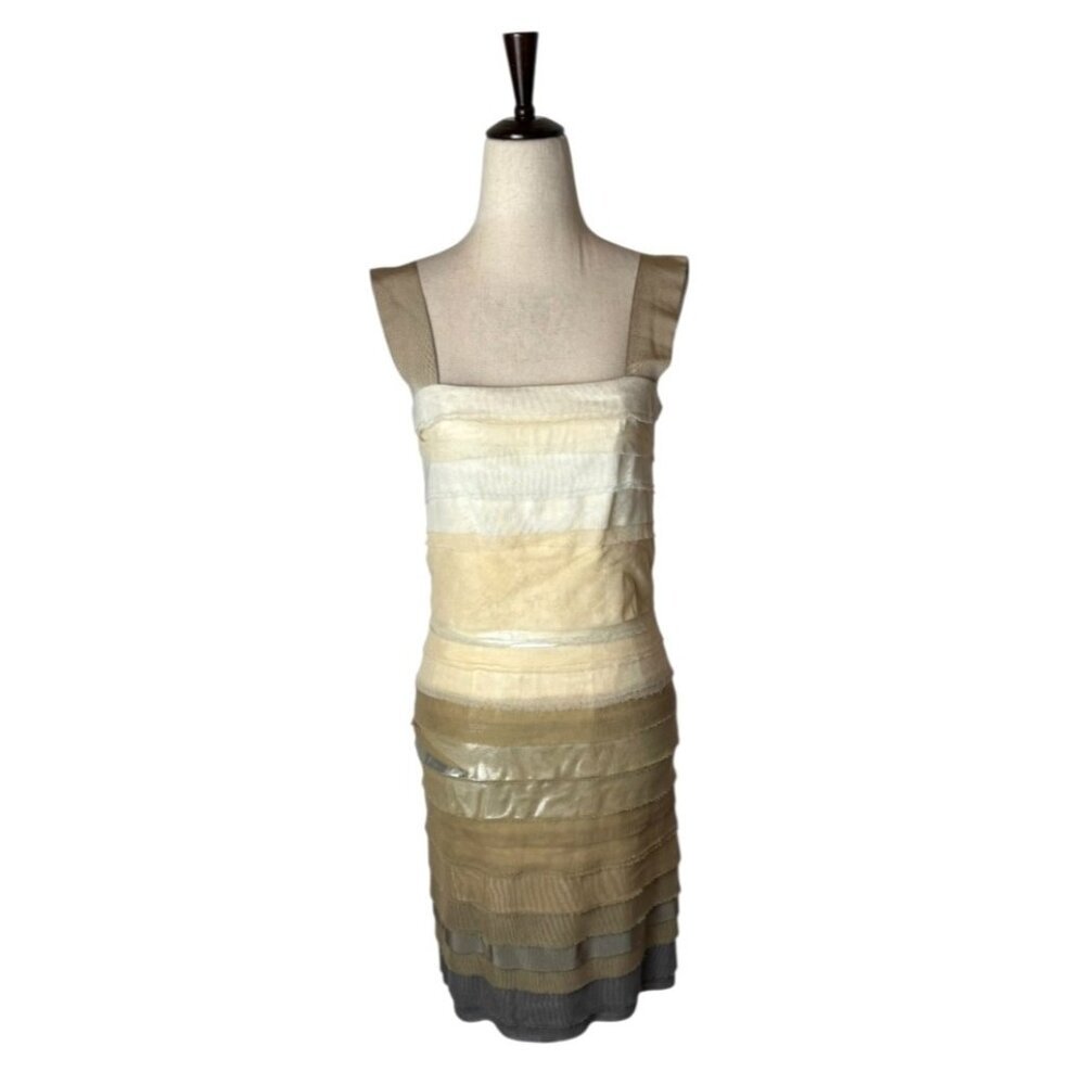 Ports 1961 Dress Women Medium Ivory Layered Metallic Sheath‎ Designer Party